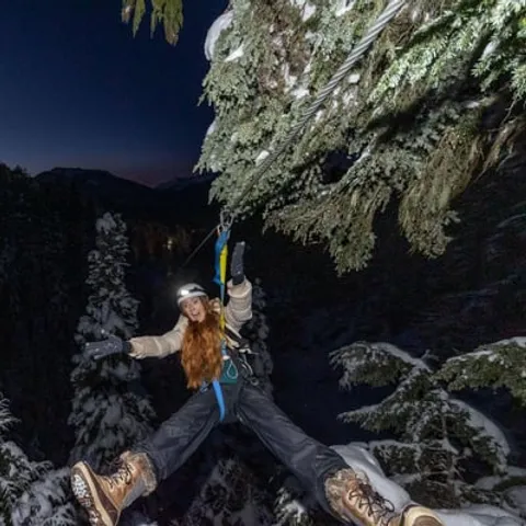 A zipliner among the trees after dark with a head torch