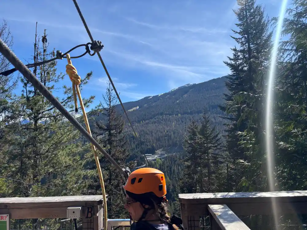 A line and a platform with the mountains behind