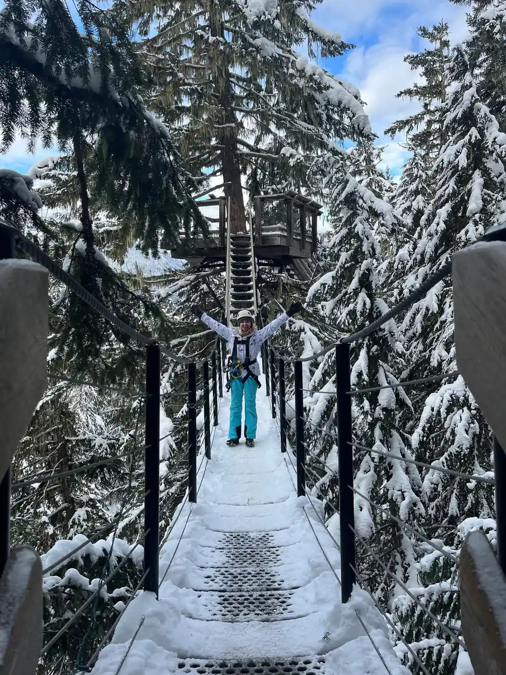 A suspension bridge under snow