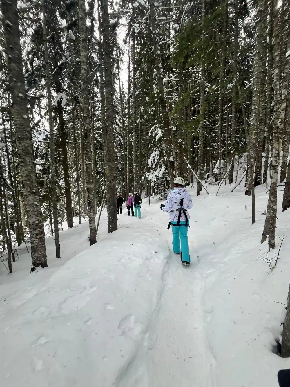 A walker on the snow track between the lines